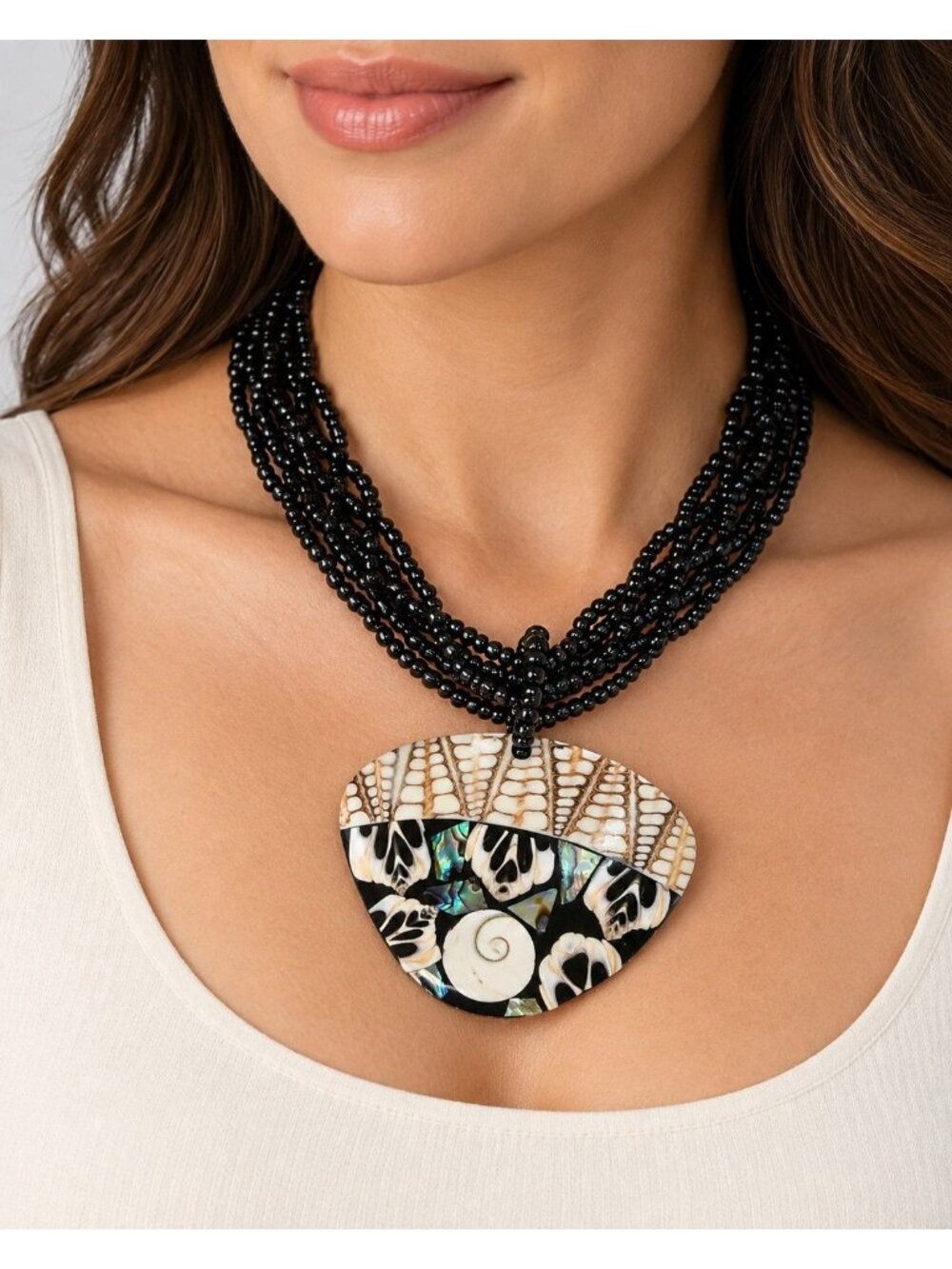 SAJEN Multistrand Black Onyx Abalone Shell Inlaid Statement Necklace 17
